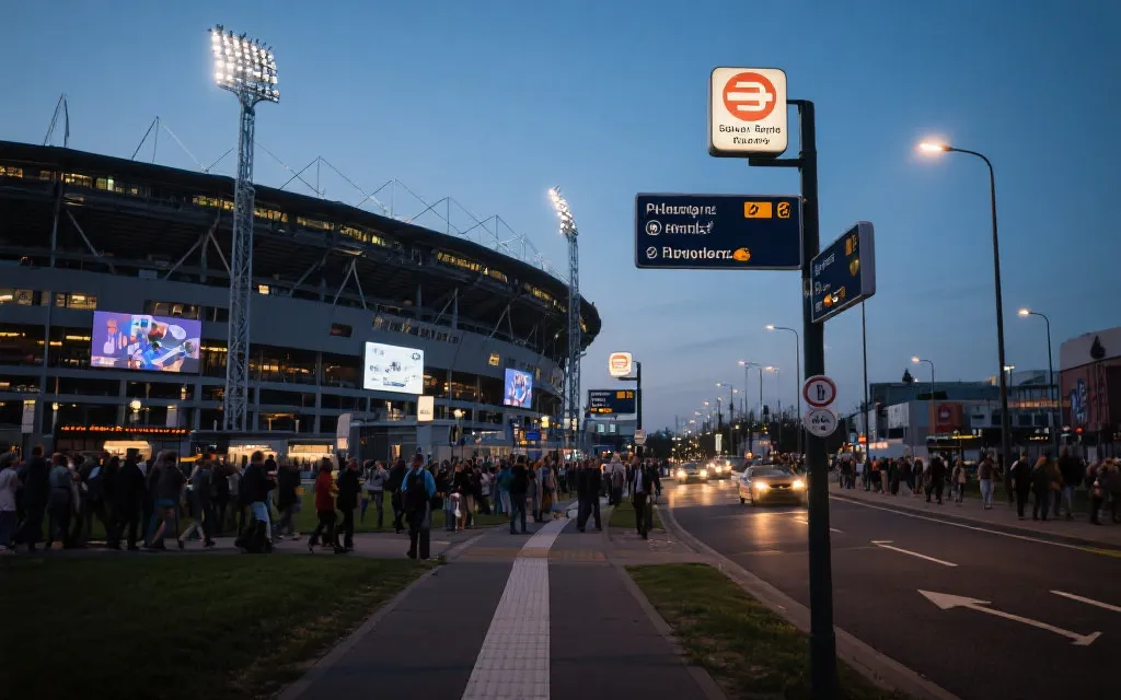 球场周边步行动线与公共交通换乘氛围示意