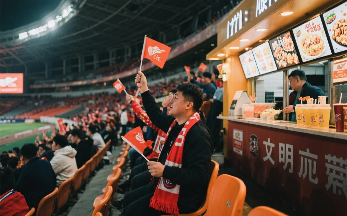 球场内看台球迷文明助威与购买小吃饮品的场景